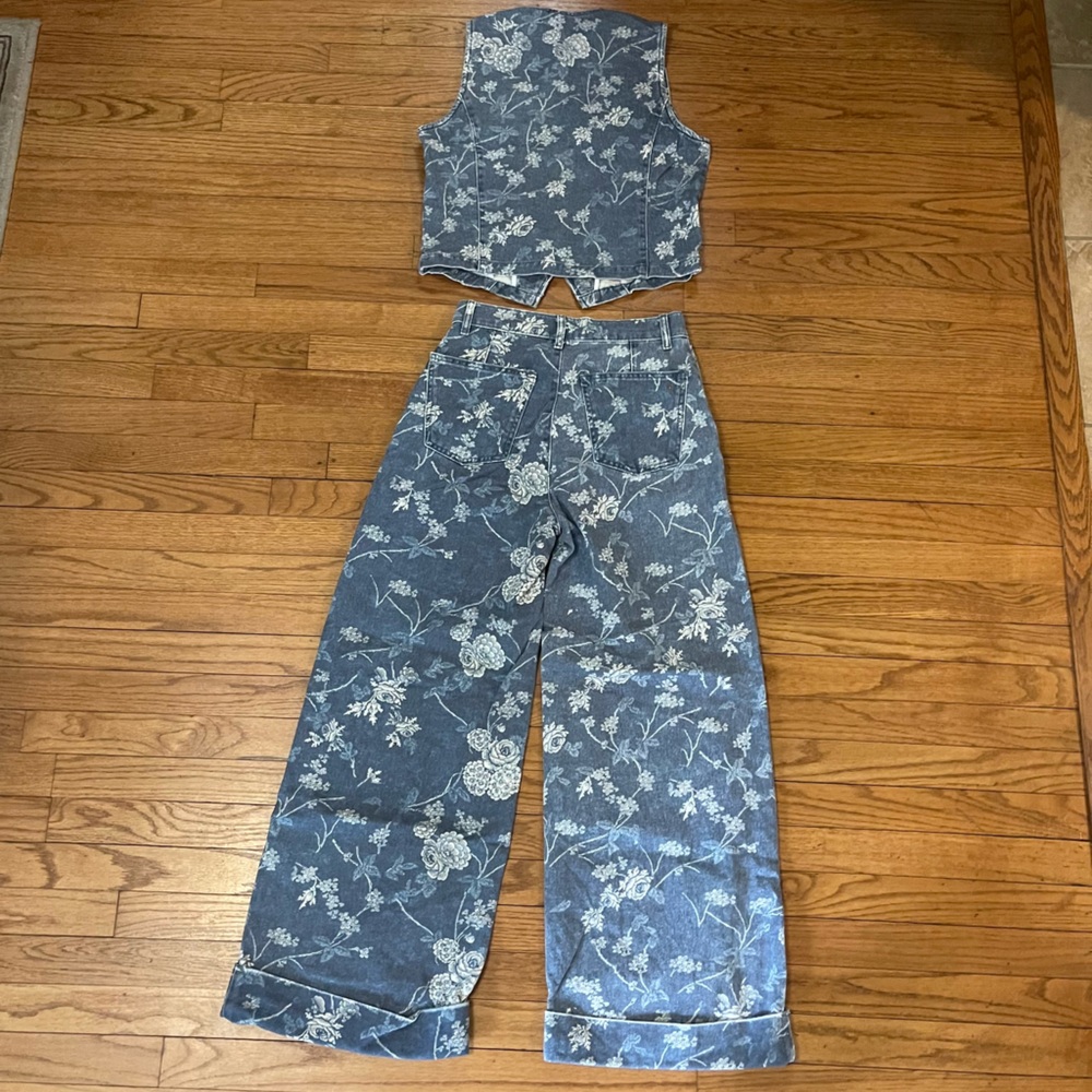 Pilcro Anthropologie The Leon Double Hem High Rise Wide Leg Jeans Denim Vest Set - Picture 16 of 17